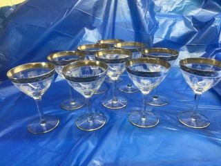 Set 10 Etched Crystal Wine Glass Platinum Rim Floral Garland Design Tiffin ?old