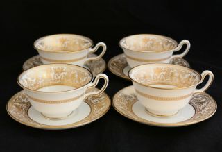 Vintage Set 4 Wedgwood China Florentine Gold W4219 Peony Shape Cups & Saucers