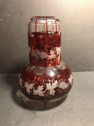 An Antique Bohemian Engraved Ruby Red Glass/ Carafe/ Tumble - Up,  Circa 1940