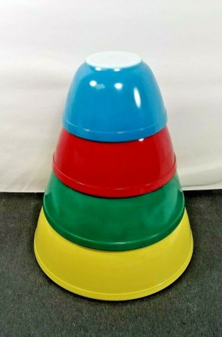 Pyrex Vintage Primary Colors Set Of 4 Mixing Nesting Bowls Yellow Green Red Blue
