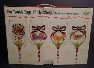 Block Basics Vintage Twelve Days Of Christmas Wine Glasses 12 Goblets NIB 7
