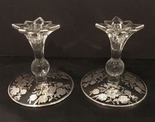 Vintage Rare Crystal Candle Holders W Sterling Silver Rose Overlay Germany