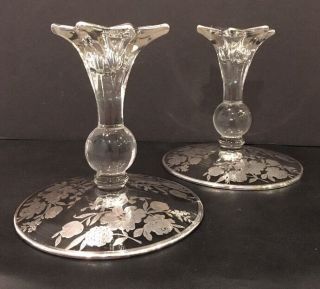 Vintage Rare Crystal Candle Holders w Sterling Silver Rose Overlay Germany 3
