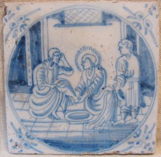 Rare 18th Century Dutch Delft Biblical Tile,  Christ Washing Disciple 