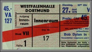 Bob Dylan - Mega Rare Vintage Dortmund,  Germany 1978 Concert Ticket