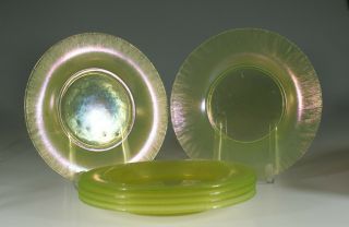 Scarce Set Of 6 Vintage Stretch Glass Canary Vaseline 9 Inch Salad Plates C.  1930