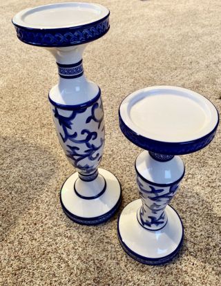 2 Ralph Lauren Mandarin Blue Lg & Med 13.  75” & 10.  5” Pillar Candlestick Holders