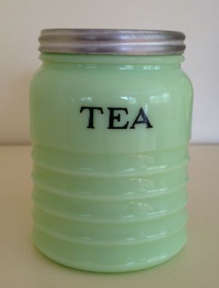 Vintage Jeanette Ribbed Green Glass Jadeite Tea Canister,  Light Green,  2115 - 6