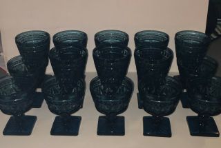 Set Of 15 Vintage Indiana Glass Colony Park Lane Blue Stemmed Goblets -