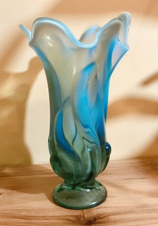 Gorgeous Fenton Marked 10” Vase Blue Green Aqua Teal Opalescent/clear Perfect