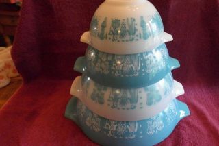 Complete Set Of 4 Vintage Pyrex Amish Butterprint Cinderella Mixing Bowls: Ex - A,