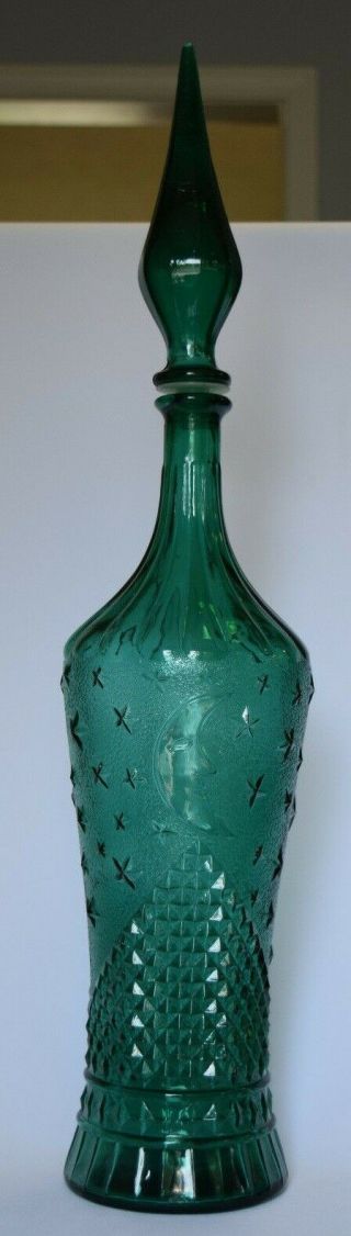 Vintage Art Glass Teal Moon And Stars Pattern 23 " Genie Bottle Decanter Rare
