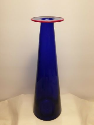 Unique Rare Orrefors Cobalt Blue Solo Vase With Red Trim