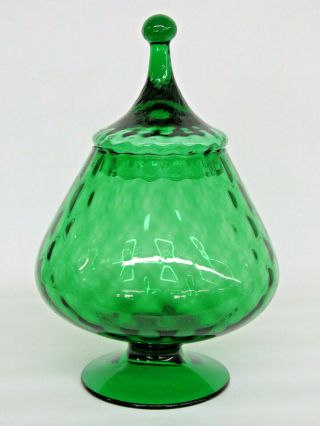 Empoli Style Emerald Green Optic Glass Candy Dish Bowl With Lid 707b