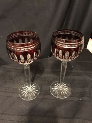 2 Waterford Ruby Red Cut To Clear Crystal Clarendon 8 Inch Wine Hocks Goblets