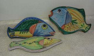 Vintage Fish Set Of 3 Majolica Fratantoni Vietri Italian Art Pottery