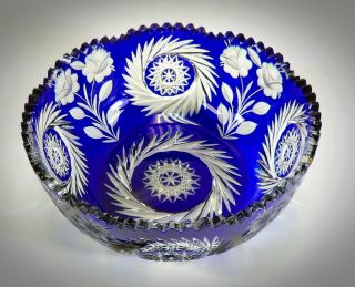 Vintage Czech Bohemian Cobalt Blue Cut To Clear Fruit Centerpiece Bowl Exquisite