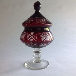 Vtg Bohemian Czech Cut Cranberry Ruby Red Art Glass Lid Covered Candy Jar/dish