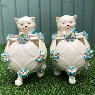 Pair 19thc Ceramic Porcelain Cats With Circular Pot Pourri Vases C1890s