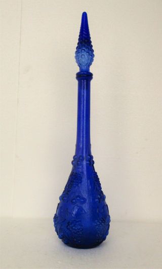 Vintage Mcm Italian Empoli Glass Genie Bottle Cobalt Blue Grapes Fruit