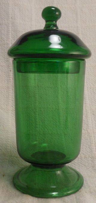 Antique Blown Emerald Green Glass Covered Jar With Pontil & Rolled Base