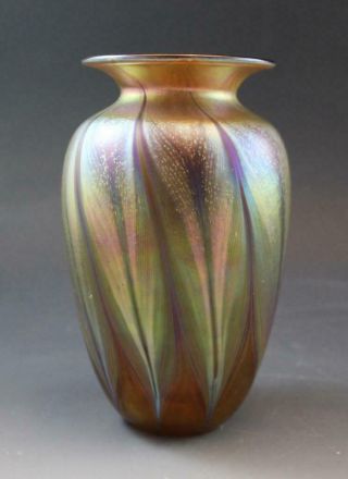 Vintage Gold Iridescent Art Glass Vase W/ Pulled Feather Design 6 "