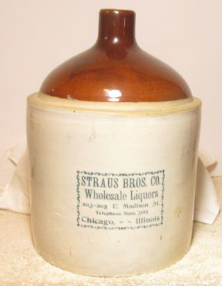 Awesome Antique Stoneware Whiskey Jug - Straus Bros Chicago Illinois