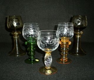 Rare Vintage Theresienthal Set 5 X Signed & Handmade Glass Wine Goblets - Etched