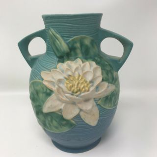 Vintage Roseville Pottery 2 Handled Water Lily Vase 77 - 8 " Blue