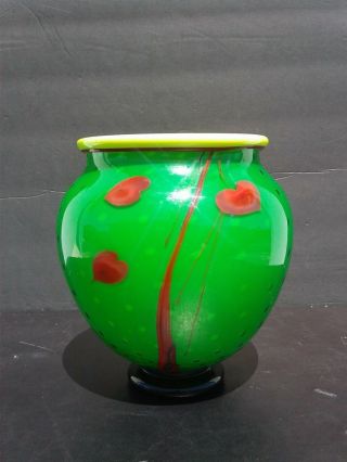 Vintage Signed Rick Strini Green Yellow Red Studio Art Glass Jardinere Vase 8 "