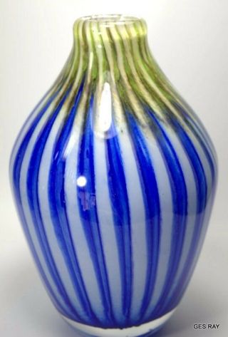 Blue White Striped Murano Venetian Art Glass Vase Handcrafted Italy A Canne