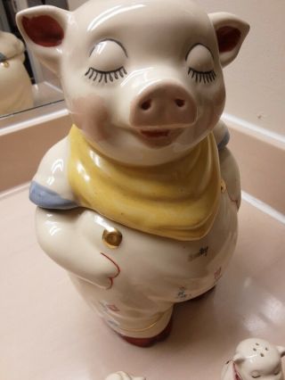 VINTAGE SHAWNEE SMILEY PIG COOKIE JAR WITH SALT AND PEPPER SHAKERS YELLOW. 3
