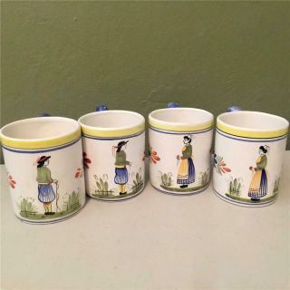 Vintage Henriot Quimper French Pottery Mugs - Set Of 4 - 2 Lady And 2 Man Man