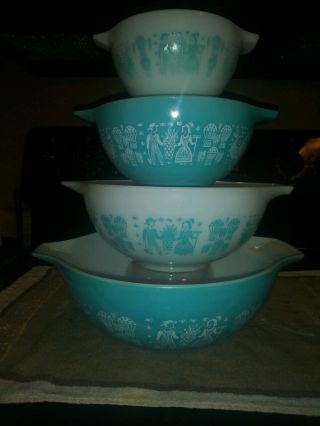 Vintage Pyrex Turquoise And White Amish Butterprint Cinderella Nesting Bowl Set