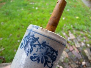 Antique Salt Glaze Stoneware Rolling Pin Blue Decorated Wildflower Crock Pottery 4