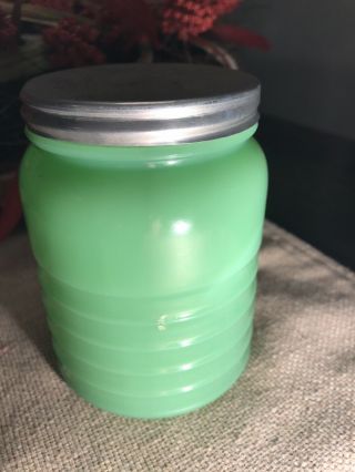 Vintage Jadite Jadeite Glass Tea Jar Canister 2115 - 6 Ribbed with Lid 2