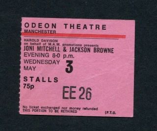 1972 Joni Mitchell Jackson Browne Concert Ticket Stub Manchester Uk Blue Tour