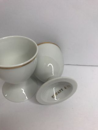 Tiffany & Co White Classic Gold Porcelain Egg Cup Set Palladium Band Savona 3