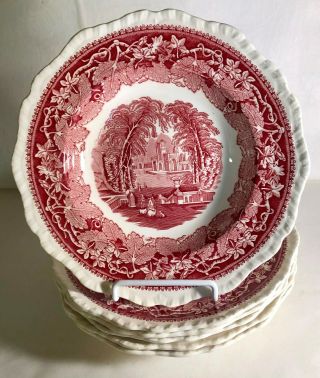 6 Masons Pink Vista 8 7/8 " Rimmed Soup Bowls