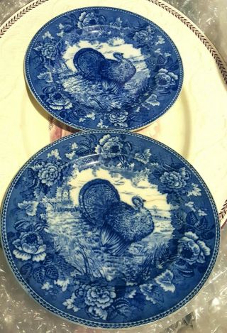 Pair 19th Century Wedgwood Flow Blue Turkey Dinner Plates