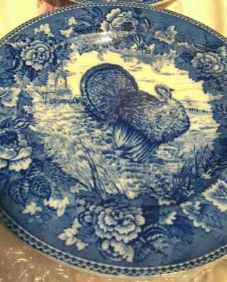 Pair 19th Century Wedgwood Flow Blue Turkey Dinner Plates 2