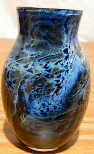 Josh Simpson Blue Mexico Hand Blown Art Glass 5 " Blue Vase Signed & Dated