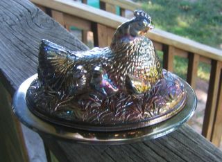 Sowerby England Carnival Glass Cobalt Blue Hen Chicks Nest Covered Butter Candy