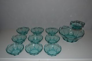Set Of 11 Turquoise Glass 1 Serving Bowl,  10 Bowls Ice Cream Dessert Dish