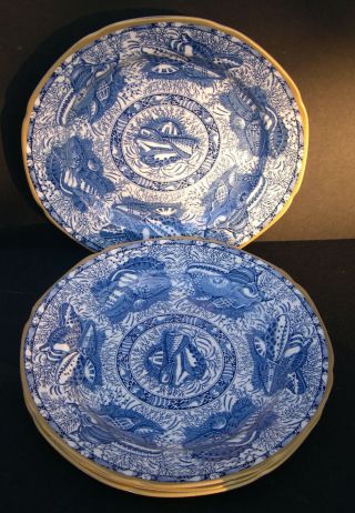 4 Mottahedeh Winterthur Blue Gold Trim Torquay Scalloped Edge Salad Plates