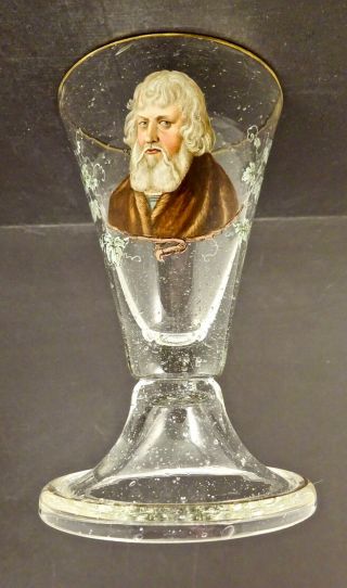 Antique Bohemian Enameled Wine Glass Hand Blown Portrait