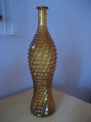 16 " Vintage Italian Art Glass Tall Genie Bottle Decanter Amber Diamond Point