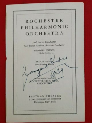 2/9/1939 Georges Enesco Eastman Theatre Signed Box B Program Ink Rochester