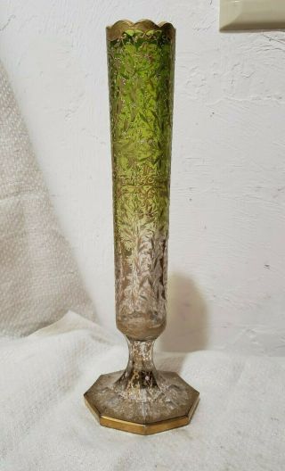 Antique Moser Glass Green To Clear Gold/gilt Enameled Bud Vase,  9 " Tall