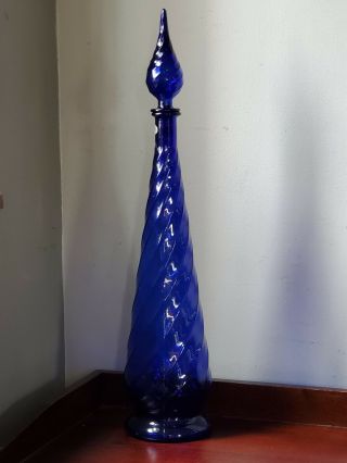 Vintage Italian Glass Decanter,  Genie,  Mid Century 26 " Cobalt Blue
